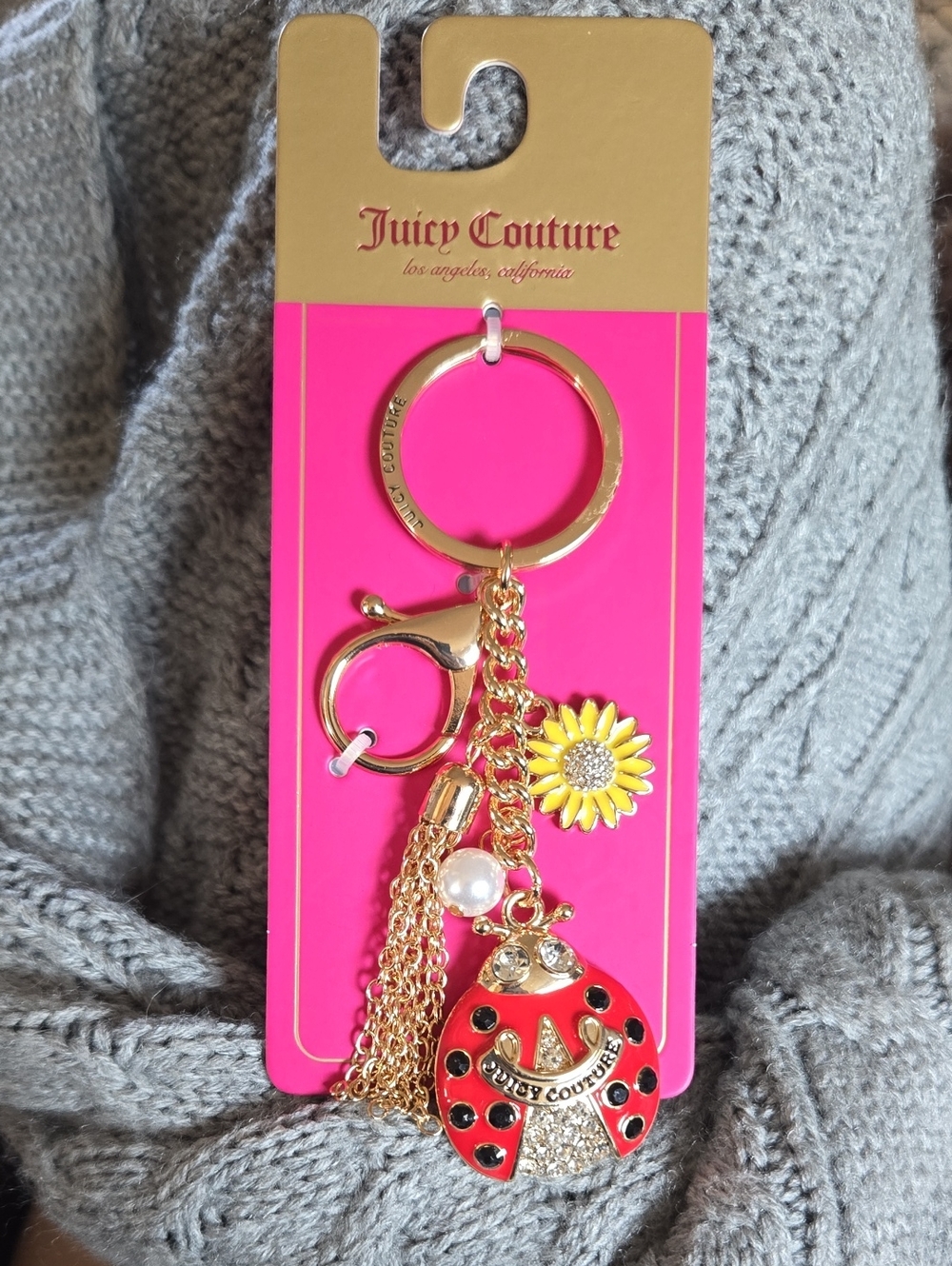 New Juicy Couture Bag Charm- Red Enamel Ladybug, Flower, Chain Tassel & Pearl